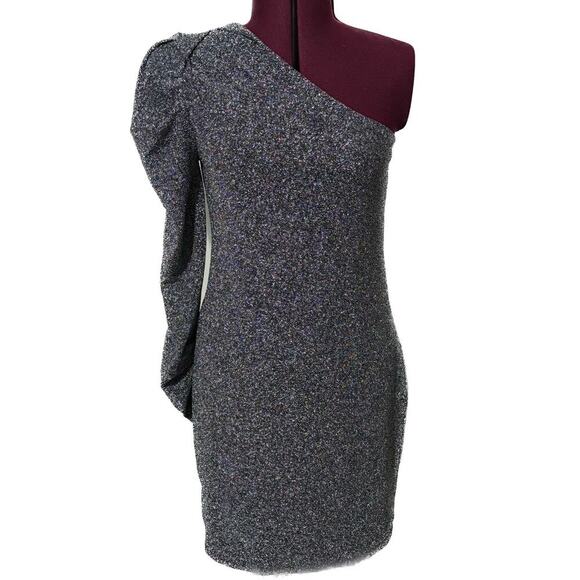 STEVE MADDEN Mirabelle Mini Dress Black Silver Metallic One Shoulder NWT L - Picture 2 of 9